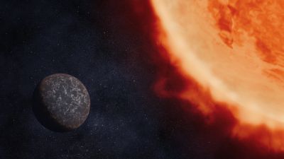 Artist illustration of exoplanet LHS 3844 b silhouetted against its red dwarf host star