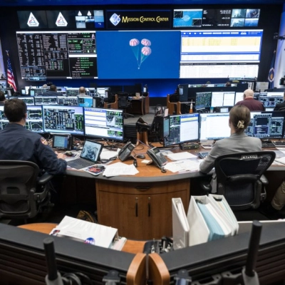 Artemis II Flight Control Team in WFCR during Splashdown. Photo Date: April 10, 2026. Location: Building 30s, WFCR. Photo Credit:...